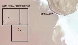  卫星鸟瞰图：大盐湖Spiral Jetty, 1970和Pearl Montana Exploration and Production计划的开采点。