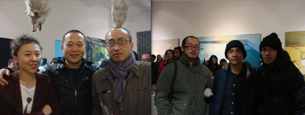 左图：梯空间的王泡泡和艺术家何岸、陈晓云。右图：艺术家金闪、吴俊勇和陈维。