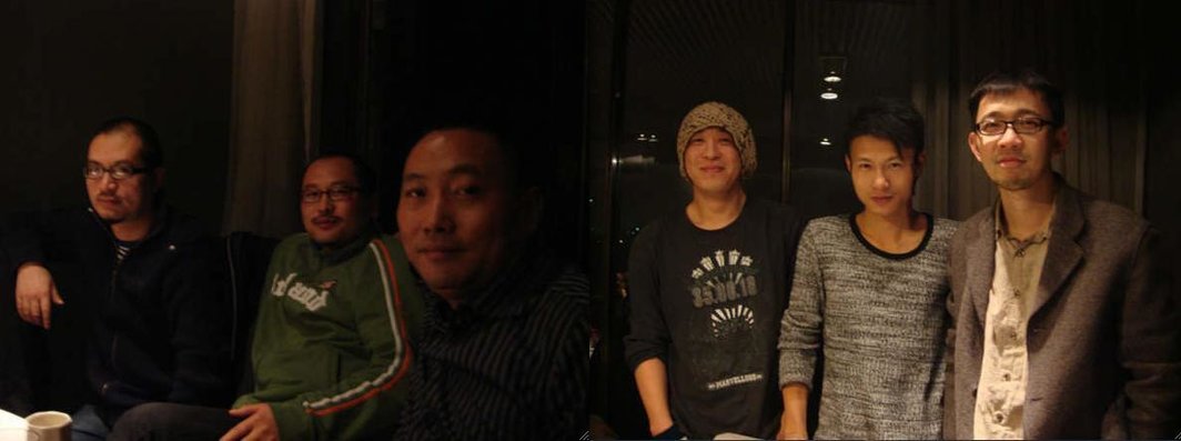 左图：艺术家石青、王卫和周啸虎。右图：艺术家张博夫、王思顺和吴达新。