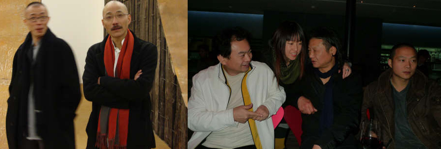 左图：长征空间的卢杰与艺术家徐龙森。右图：收藏家张锐、艺术家彭禹、王度和何岸。