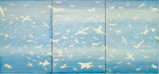 阿里吉耶罗•波提、《飞机》、1997、三联画、亚麻上裱糊阿卡来罗纸张、140×100厘米。