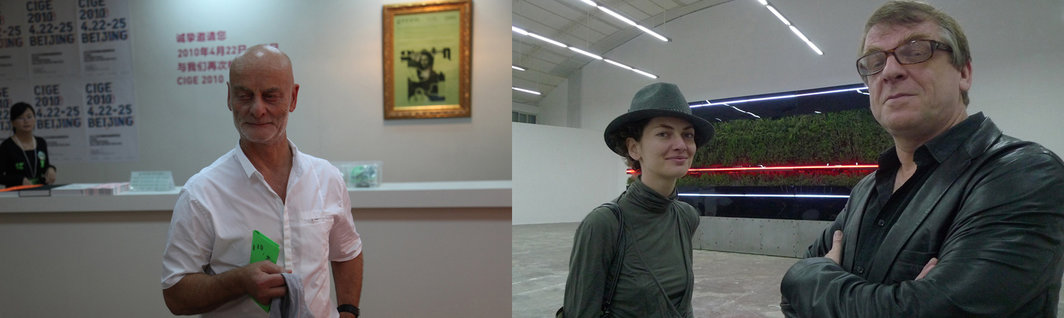 左图：收藏家乌力•希克(Uli Sigg)在GREEN当代艺术展。右图：策展人毕月（Beatrice Leanza）和Boers-Li画廊的Waling Boers