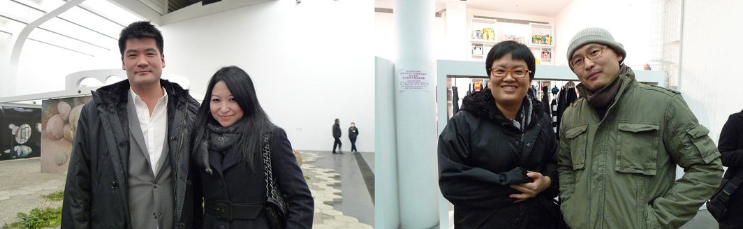  左图：收藏家Richard Chang和收藏经理吴华。右图：艺术家林天苗和王卫。