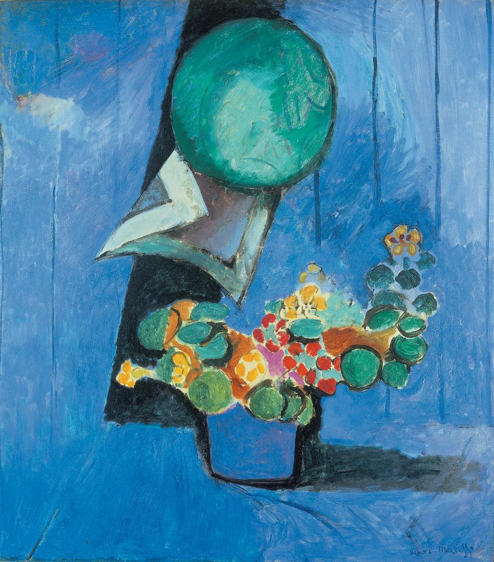 亨利•马蒂斯（Henri Matisse），《花与瓷盘》（Flowers and Ceramic Plate, 1913），布上油画，36 1⁄4×32 1⁄2"。