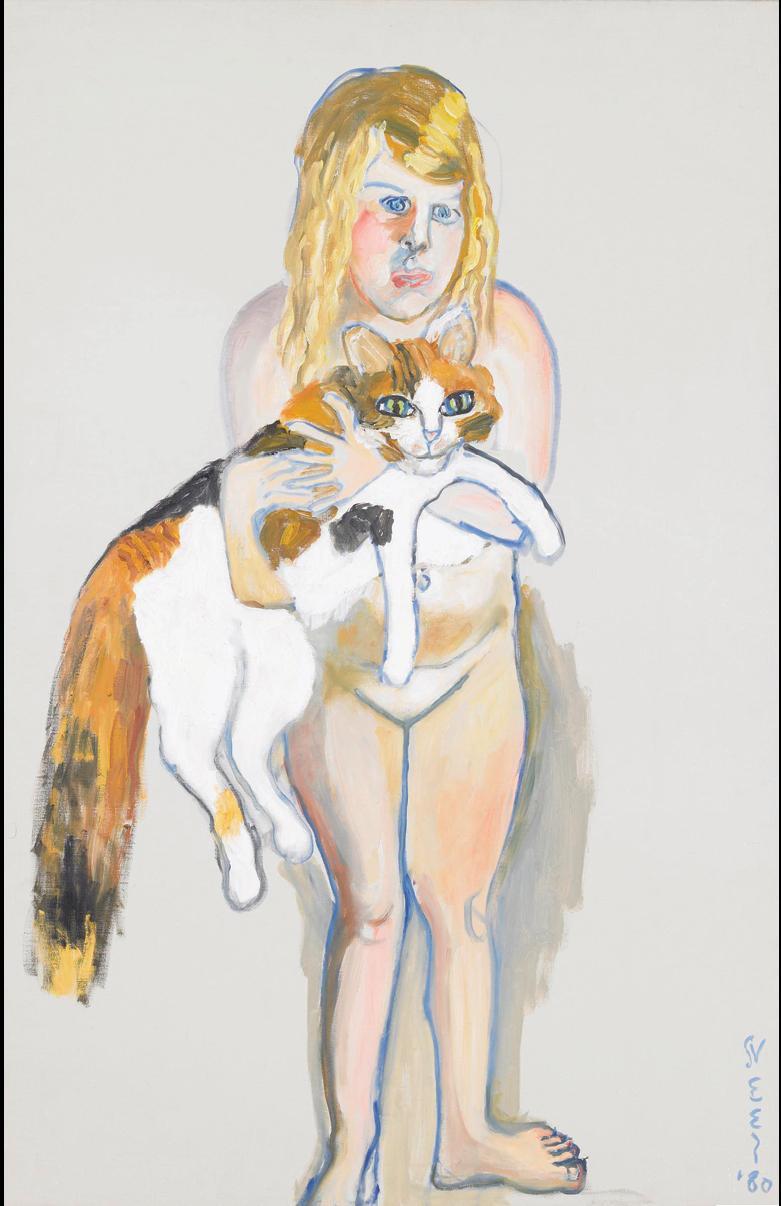 艾丽丝•尼尔（Alice Neel），《维多利亚和猫》（Victoria and the Cat, 1980），布上油画，39 3⁄4  x 25 3⁄4"。