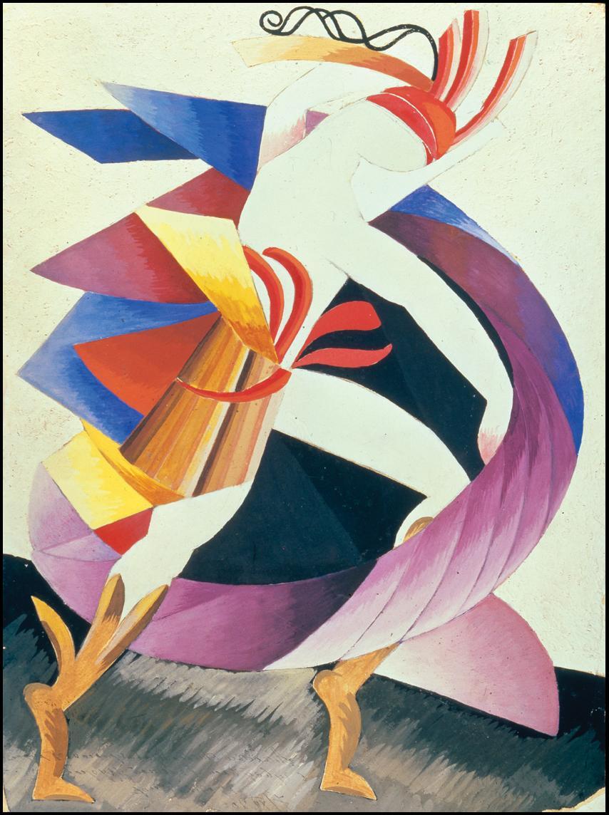 亚历山德拉•埃克斯特（Alexandra Exter），《男性戏服草图》（Study for a Male Costume, 1920），纸板上树胶水彩画，19 x 14"。