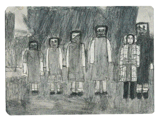 詹姆斯•卡斯尔、《无题》（六个女孩，一个穿彩色格尼大衣，排列在门外）、女性袜套喷出的烟灰、17×23cm。