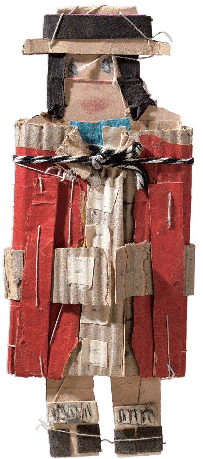 詹姆斯•卡斯尔、《无题》（穿红衣和戴着船形帽的女孩）、铜版纸、纸张、喂料袋、硬纸板、线、煤灰、蜡笔、29×11cm。