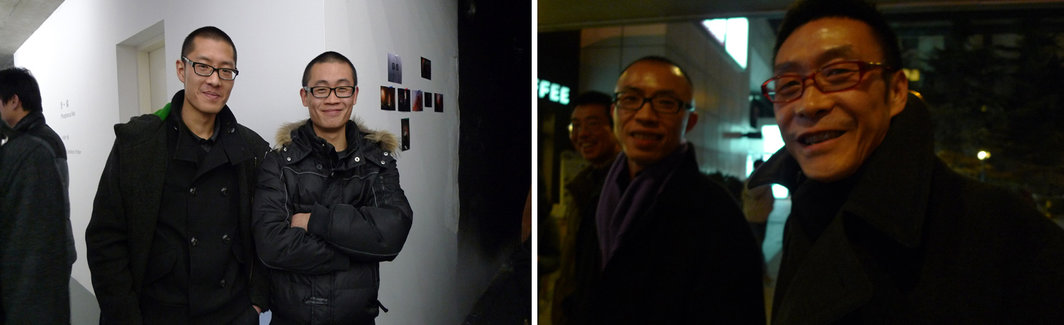 左：艺术家叶楠、陈志远， 右：艺术家朱昱、长征空间的卢杰和艺术家汪建伟