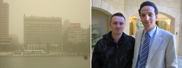 左: 沙尘暴中的Shepheard酒店； 右: 艺术家Gregor Kregar与开罗双年展官员Ehab El-Labban。 