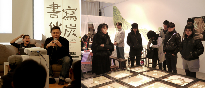 左：“书写火炭”闭门研讨，梁宝山（左）、周俊辉（右）；右：艺术家工作室。