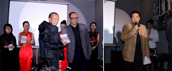 左：北大教授朱青生（右）为金棕榈奖获得者何云昌（左）颁发奖项。他的获奖作品为《一米民主》又名《与虎谋皮》；右：颁奖嘉宾，今日美术馆馆长张子康。