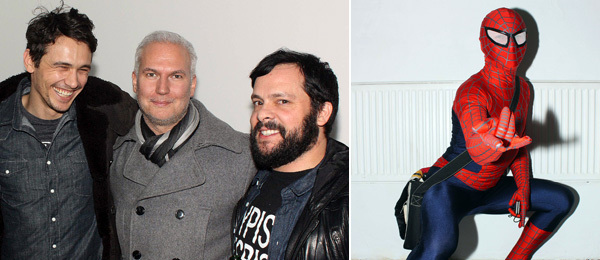 左: 艺术家James Franco、纽约现代艺术博物馆PS1中心主任Klaus Biesenbach与艺术品商Javier Peres； 右: 蜘蛛侠。