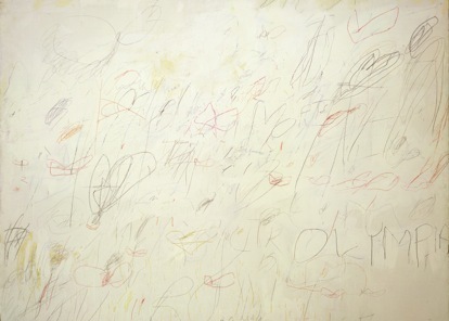 塞·托姆布雷，《奥林匹亚》（Olympia）， 1957， 油彩底自制颜料、铅笔、彩铅、彩色蜡笔于布上， 200×264.2cm。