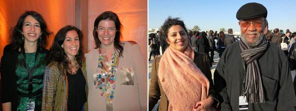 左: 阿拉伯现代艺术博物馆的Deena Chalabi与馆长Wassan Al- Khudhairi、迪拜艺术博览会的Antonia Carver； 右: 策展人Sara Raza与艺术家Ibrahim Salahi。
