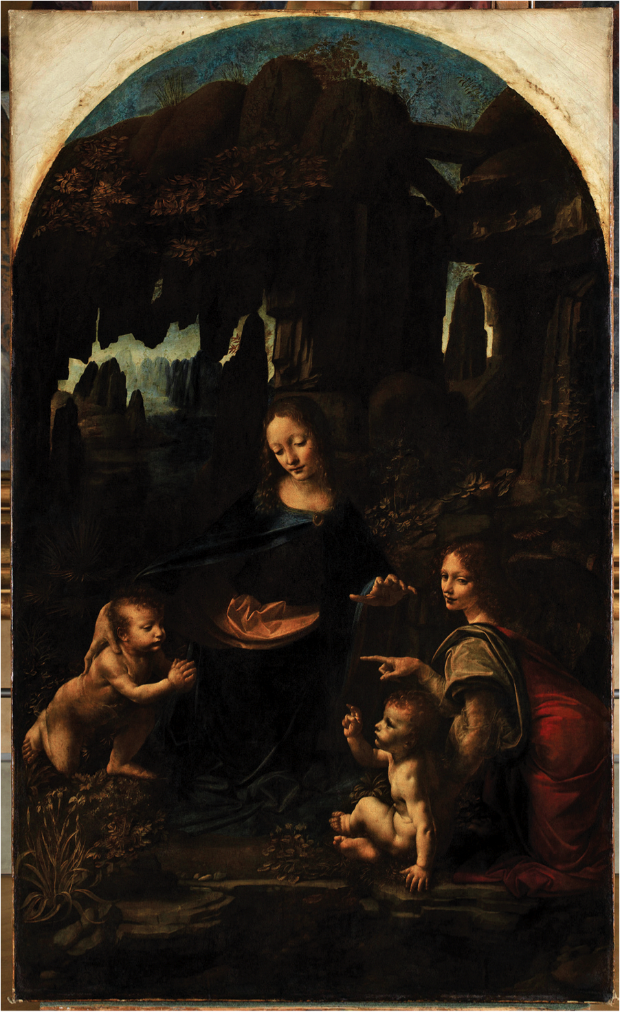 莱昂纳多·达芬奇,《岩间圣母》，ca. 1483–85, 油漆上木转移到布面，78 3⁄8 x 48"。