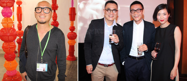 左：艺术家崔正化（Choi Jeong Hwa)。右：现代媒体首席执行董事长邵忠先生，艺术家汪建伟（中）、现代传播高级公关经理荔馨小姐。