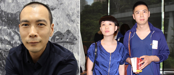 左：艺术家郑国谷。右：艺术家胡晓媛与仇晓飞。