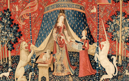 未知艺术家，《致我唯一的欲望》局部，大约1484-1500年，羊毛织物，丝绸. 12 x 15'. 选自系列《 贵妇人与独角兽》，十五世纪末.