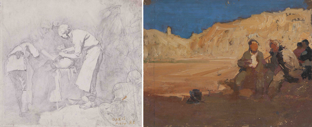 左：肖峰，宋韧，《白求恩》稿，1974，纸上铅笔，21.5 x 23.5 cm；右：靳之林，《毛主席在大生产运动中》手稿之一，1959, 纸板油画，21 x 28 cm。
