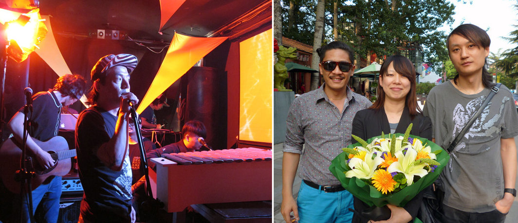 左：高虎和“痛苦的信仰”乐队；右：（左起）艺术家邓一平，宋琨，独立音乐人陈睦琏。（所有摄影：窦子）