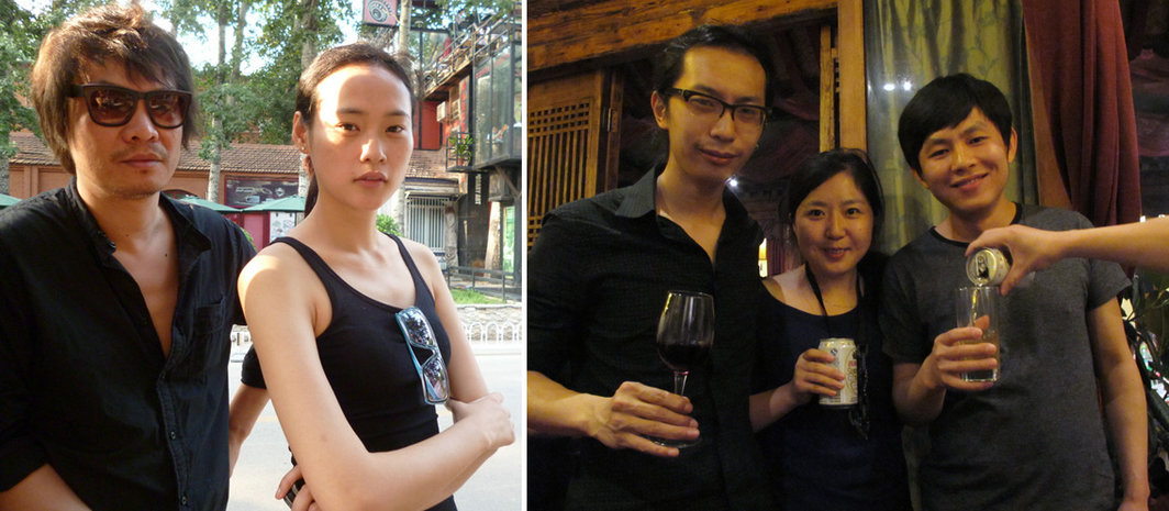 左：艺术家韩磊和女友、模特张静；右：UCCA助理馆长尤洋，空间站总监付晓东，艺术家侯勇（左起）。