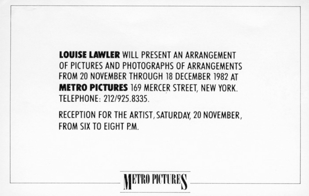 路易斯·劳勒1982年在纽约Metro Pictures画廊个展“图像编排和作品编排照片”的邀请卡.