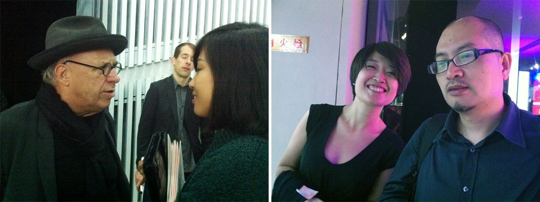 左：艺术家约瑟夫·科索斯（Joseph Kosuth）及友人。右：北京公社总监吕静静和艺术家石青。