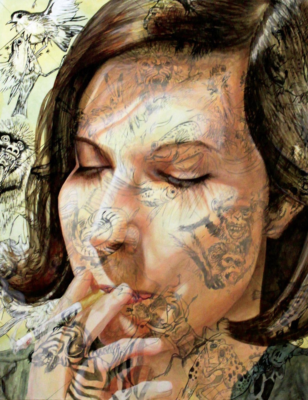亚娜•尤勒、《过度描绘的无所不在的本能》、2012、亚麻油画、55 x 42".