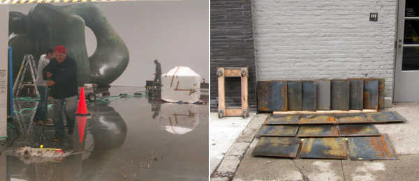  左：高古轩画廊在清理积水，西二十一街，桑迪来临之前，亨利•摩尔的雕塑展布展了一半。右：Paula Cooper画廊门前人行道上，Carl Andrea的盘子在风干中。