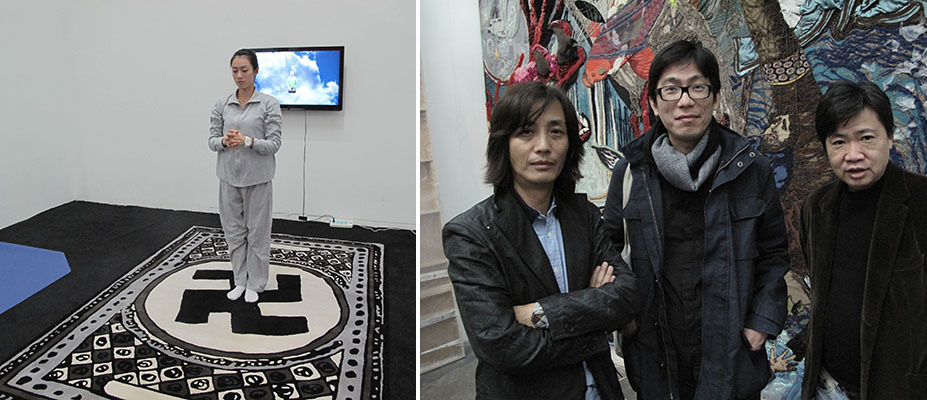 左：没顶公司作品表演者。右：艺术家施勇,没顶公司徐震 , 民生美术馆执行馆长周铁海。
