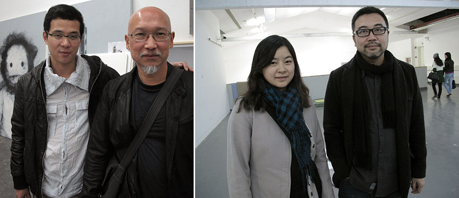 左：艺术家章清与艺术家张恩利。 右：上海师范大学美术学院教师陆蕾平与艺术家杨振中。