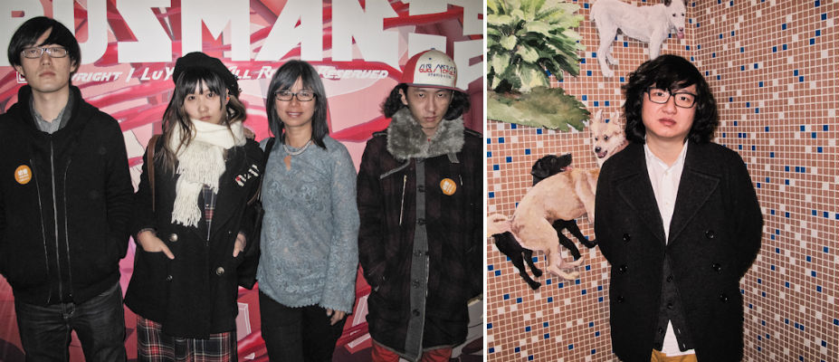 左：参展艺术家陆扬（左二），澳大利亚中国当代艺术基金会的董亚仙以及电音组合SquareLoud的TUNELEE（左一）和IDMONN（左四）；右：艺术家龚剑。