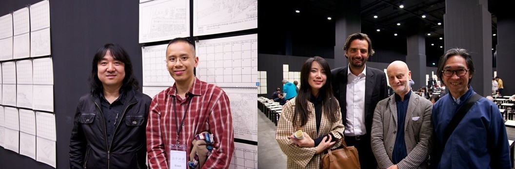  左：艺术家宋东与亚洲艺术文献库的项目负责人郑得恩；右：中国当代艺术奖（CCAA）的Anna Liu ，艺术赞助人本杰明·乌克特(Benjamin Vuchot)，收藏家乌利·希克（Uli Sigg）以及画廊人张颂仁。