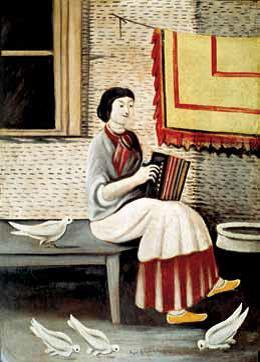 尼可•皮罗斯马尼、《索娜演奏风琴》、1913、纸板油画、391⁄8 x 271⁄8".