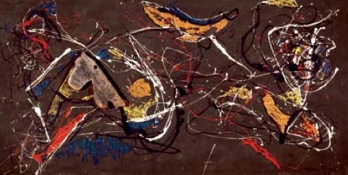 杰克逊·波洛克，《木马，10A号》，1948，布面油彩、瓷漆、木头，装裱在纤维板上，351⁄2 x 70".