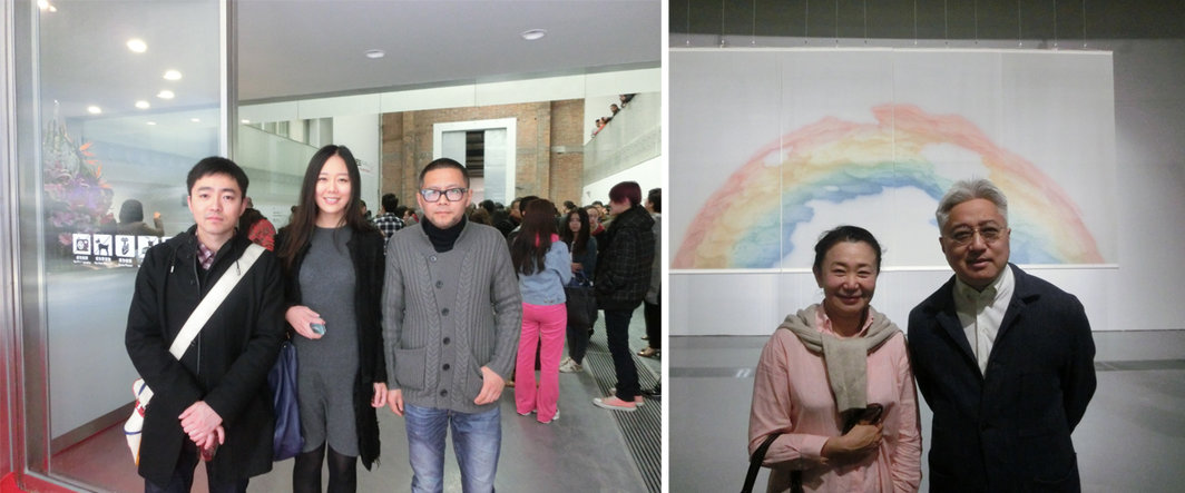 左：艺术家李青，NUOART创办人郑诺，艺术家罗荃木；右：华辰拍卖李昕，参展艺术家徐累。