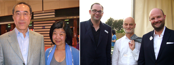 左:藏家唐英年与妻子郭妤浅；右：策展人托比亚斯•伯格, 藏家乌力•西克与巴塞尔亚洲负责人Magnus Renfrew.