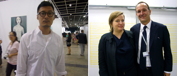 左: 艺人余文乐；右：艺术家Angela Bulloch与画廊家Simon Lee。