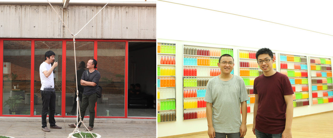 左：策展人鲍栋与艺术家王郁洋；右：泰康空间策展人许崇宝与艺术家刘辛夷。