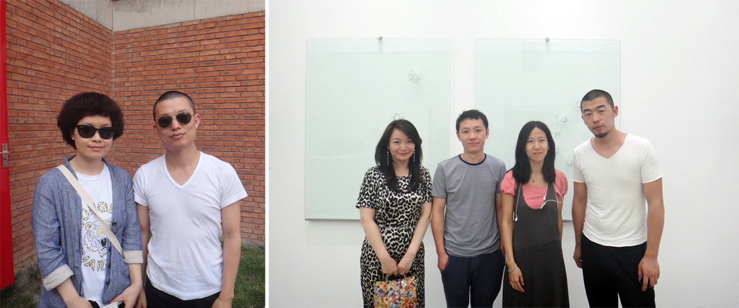 左：艺术家杨光南与张洁白；右：佩斯北京的王蓓，艺术家徐渠，马秋莎与赵赵。