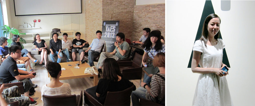  左：“2013 A4青年艺术家实验季第一回”研讨会现场；右：A4当代艺术中心艺术总监孙莉. 