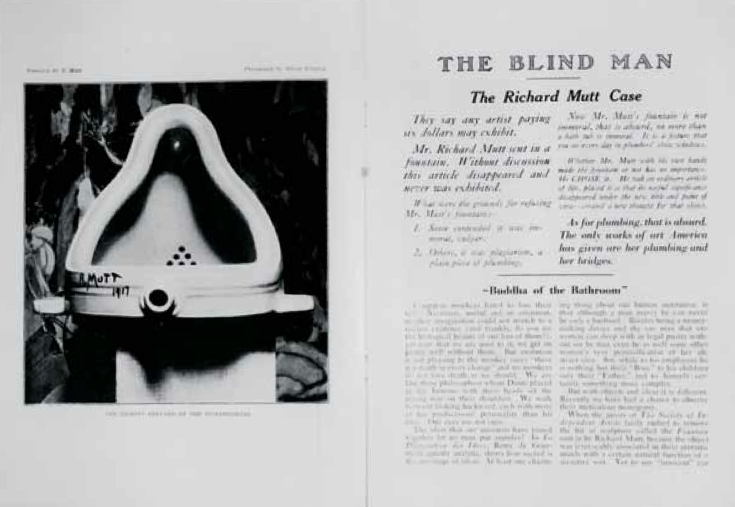 《盲人》杂志第二期（1917年5月刊）跨页. 左：阿尔弗雷德·斯蒂格里茨拍摄的杜尚《泉》的照片，1917.