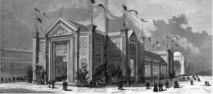 描绘巴黎Pavillon de la Ville酒店的版画，法国独立艺术家协会冬季沙龙展举办地，1884年12月-1885年1月，巴黎香榭丽舍大街.