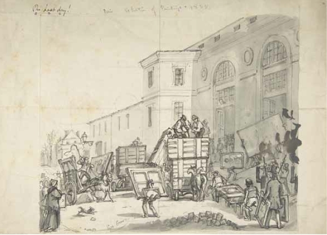 艾尔·克劳，《1855年世界博览会期间的巴黎美术宫进货入口》，1855，钢笔、稀释墨水及炭笔画.