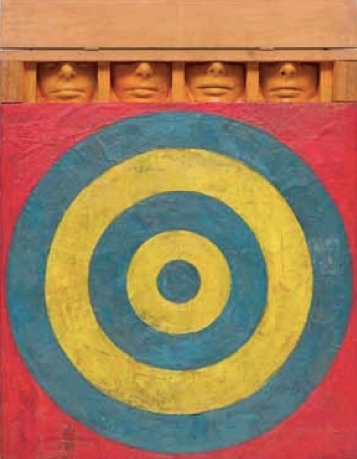 贾斯珀・琼斯，《有四张脸的靶标》，1955，新闻纸和布面上蜡画、染色石膏、木盒，木盒打开尺寸：335⁄8 x 26 x 3".