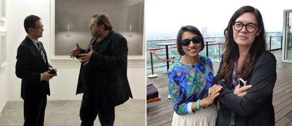 左：艺术登陆新加坡总监劳伦佐•鲁道夫（Lorenzo Rudolf）与客人；右：作家Bharti Lalwani和艺术登陆新加坡创立者乌塔•梅塔•鲍尔（Ute Meta Bauer）.