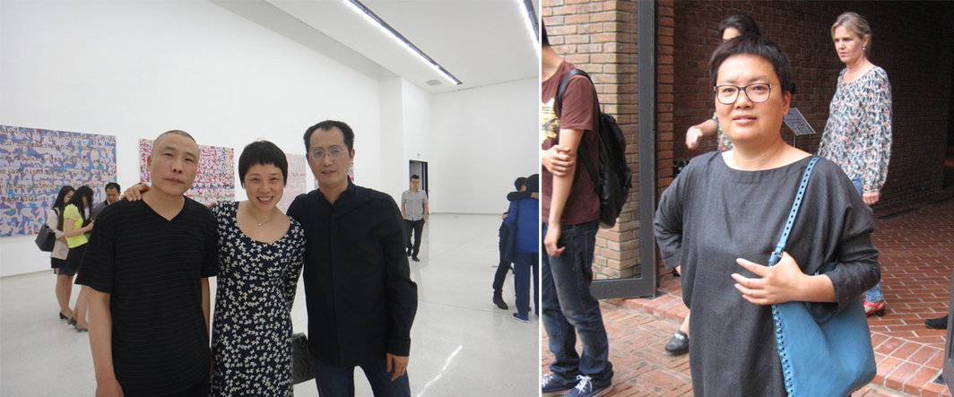 左：艺术家王友身，白立方（香港）的周晓雯与艺术家邱志杰；右：艺术家林天苗.