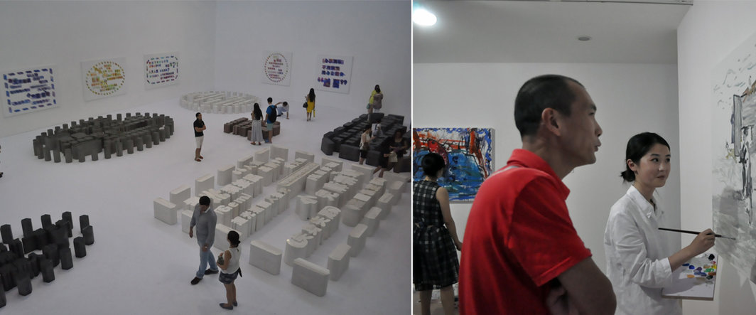 左：“磁振成影”展览现场；右：艺术家郑国谷在展览现场.