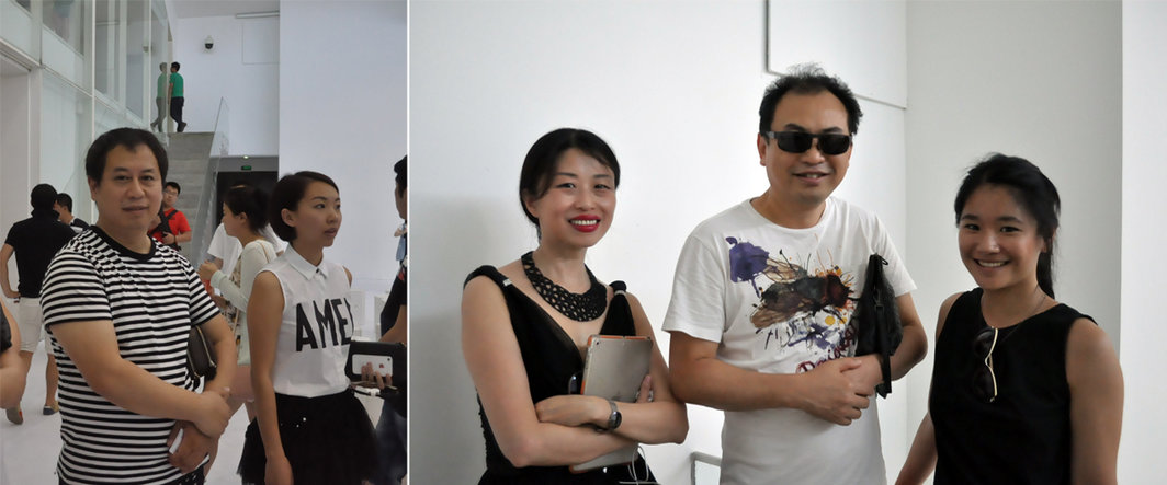  左：当代唐人艺术中心的郑林与杨画廊的杨洋；右：策划人肖戈，收藏家张锐与尤伦斯当代艺术中心的胡婕箖.